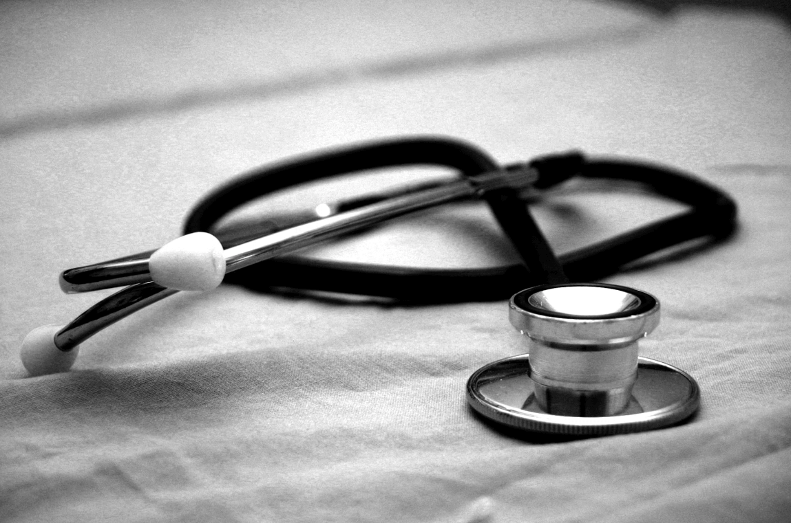 Bevan Buckland Accountants for Healthcare. Close up stethoscope on material background in black and white